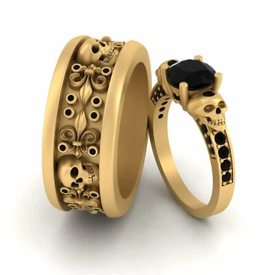Французский цветок череп обручальное кольцо комплект его и ее готический обручальное кольцо группы комплект - Изображение 1 из 4