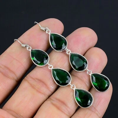 Pendiente vintage hecho a mano de plata de ley 925 con piedras preciosas de diopsido cromado para regalo Foto 1 de 4