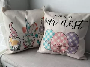 Easter Pillow Covers Set of 2 18X18 Inch Farmhouse Happy Easter Egg Rabbit - Picture 1 of 6