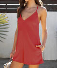 Womens V Neck Strappy Rompers Short Playsuit Ladies Pockets Jumpsuit Mini Dress