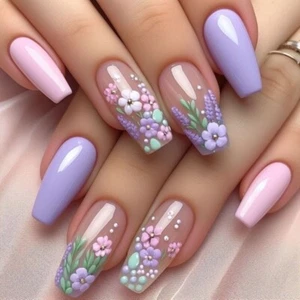 24 Pcs Short Ballerinas False Nail 3D Flowers Press On Nail Purple on Nail - Picture 1 of 8