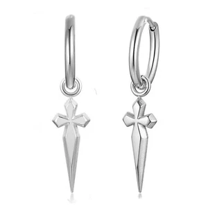 Pendientes colgantes de aro con daga de plata esterlina 925 lisa para hombre - Imagen 1 de 4
