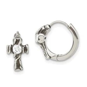 Stainless Steel Antiqued Polished w/ CZ Cross Hinged Hoop Earrings - Picture 1 of 4