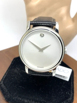 Movado男士腕表2100001瑞士石英银色表盘黑色皮革表带39毫米 — 第 1/4 张图片