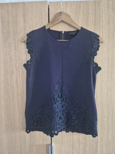 Camicetta Ted Baker £110 RARA taglia 2 UK 10 12 blu navy inserto pizzo lavoro sera - Foto 1 di 5