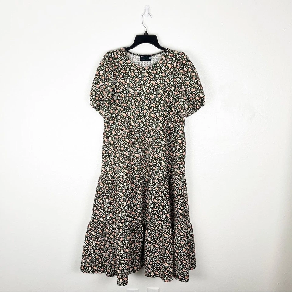 ASOS Design Black Ditsy Floral Print Puff Sleeves Tiered Smock Dress, Size 6 - Image 1 of 4