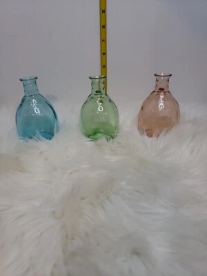 Lot of 3 - Matching Glass Bud Vases - Green, Pink, Blue - 4.75" Tall ~So cute!!~ - Image 1 of 4