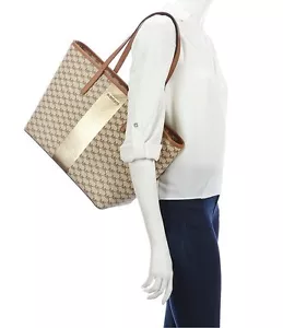 Bolso de Mano Michael Kors L Signature a Rayas Natural Marrón Caqui Esmry Metálico Dorado Nuevo - Imagen 1 de 4