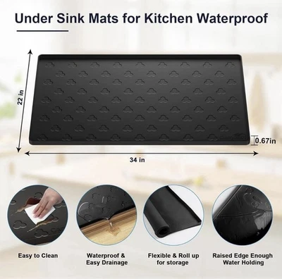 CARRY360 Under Sink Mat 34" x 22" Waterproof Kitchen Cabinet Mat, Black Silicone Heavy