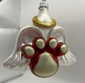 Paw Print Angel Wings Blown Glass Glitter Christmas Ornament Marked ut 3.5”Hx4”W - Picture 1 of 8
