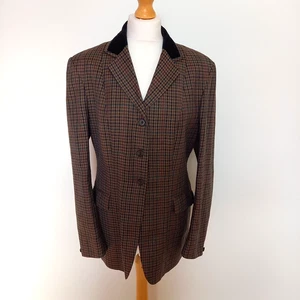 Harrods EU 40 UK 12 14 Brown Check Plaid Wool Silk Hacking Jacket Velvet Collar - Picture 1 of 9