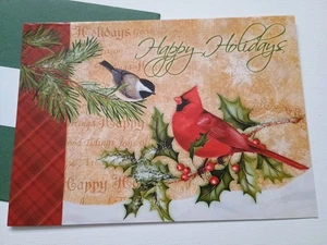 Merry Christmas Holiday Greeting Card Red Cardinal Bird Finch Cranberries - Picture 1 of 5