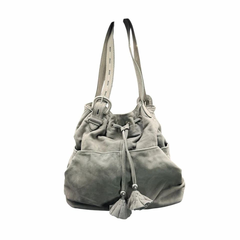 Bolso de hombro Ann Taylor LOFT de cuero gris con cordón borla holgado Foto 1 de 4