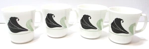 Vintage Corning Glass Mugs SET OF 4 Black Orchid Green Leaves - Picture 1 of 10