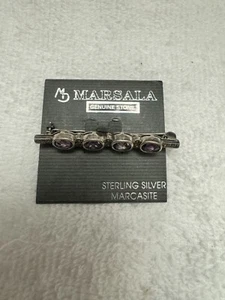 Marsala 925 Sterling Silver Marcasite Genuine Stone Pin Brooch - Picture 1 of 3
