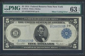 Fr.851B 1914 $5 NEW YORK TYPE B "CUTTING ERROR" FRN PMG 63EPQ NEW UNCIRCULATED - Picture 1 of 3