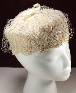 '60s Pillbox Hat w/ Sequins, Net, Openwork Ivory /Champagne Sz sm, Wedding, etc