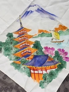 Antique Vintage Sheer Silk Hand Painted Japanese Scarf Building - Picture 1 of 6