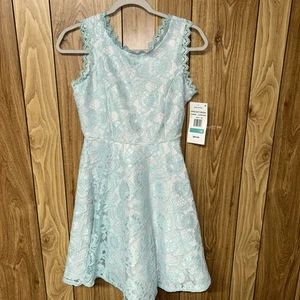 New Rare Editions Big Girls Scalloped Lace Fit And Flare Dress size 16 Turquoise - Picture 1 of 8