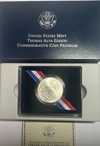 2004 Thomas Edison Commemorative BU Silver Dollar w/ COA/Box - No Reserve - Picture 1 of 1