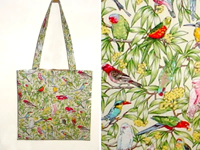 BOLSO DE MANO HECHO A MANO 100% ALGODÓN COLORIDO LOROS AVES TROPICALES NUEVO ROBLE 13" W Foto 1 de 4