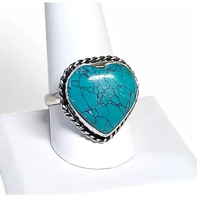 女士蓝色绿松石心形戒指 925 纯银 10.5 码 — 第 1/4 张图片