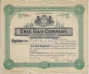PENNSYLVANIA 1922 Erie Gas Company of the City of Erie Penna Stock Certificate - Picture 1 of 2