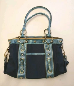 Kathy Van Zeeland Medium Blue Canvas &Crocodile Print Stud 2 Handle Satchel - Picture 1 of 8