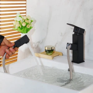Bathroom Single Hole Pull Out Spray Kitchen Sink Black Mixer Faucet Handheld Tap - Picture 1 of 9