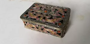 Pierced metal trinket box pink and yellow with amber colour stones filigree - Foto 1 di 11