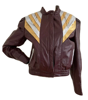 VINTAGE 80s 90s CUSTOM GOLD SILVER LIGHTNING MARROON LEATHER BOMBER JACKET SMALL - Image 1 of 4