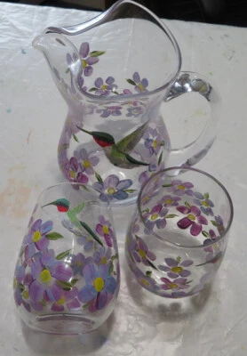 Pintado a mano por el artista de Maine. 3 piezas. Juego de bebidas de cristal. Diseño Colibrí Foto 1 de 2