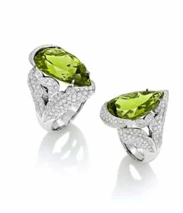 Impressive Clean Deep Saturated Pear Cut 22.39CT Peridot & 3.01CT CZ Floral Ring - Picture 1 of 7