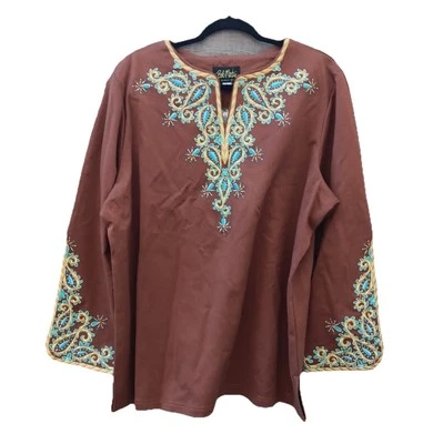 Túnica Bob Mackie Usable Arte Cachemira Bordada Cuello en V Marrón Talla Grande 2X Nueva con Etiquetas Foto 1 de 3