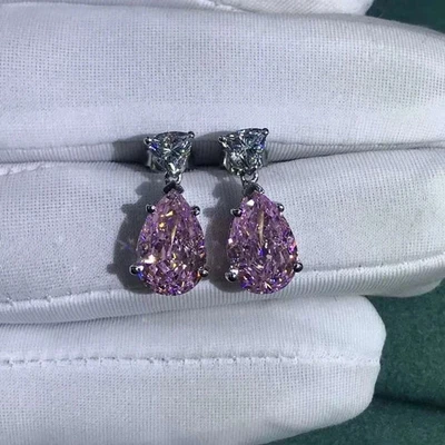 5Ct Pear Cut IGI Fancy Vivid Pink Lab Grown Diamond 14k Gold Dangle Earrings - Image 1 of 4