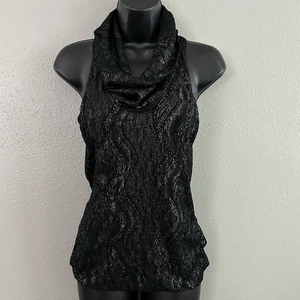 Bebe Metallic Black Silver Cowl Neck Open Back Tank Top Size S Y2K Going Out Top - Picture 1 of 8