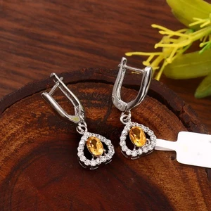 Natural Citrine Drop Earrings Sterling Silver Halo Leverback Jewelry Gift forHer - Picture 1 of 7