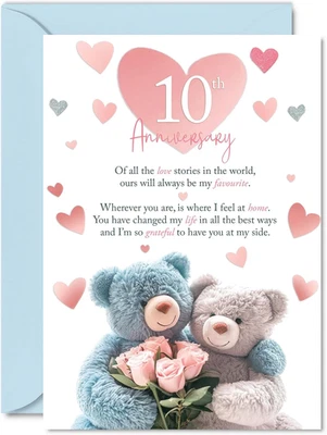 10Th Anniversary Card for Men Women - Teddy Bear Roses - Happy 10 Year Anniversa - Image 1 of 4