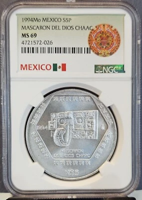 1994 MEXICO SILVER 5 PESOS S5P MASCARON DEL DIOS CHAAC NGC MS 69 SCARCE TOP POP - Image 1 of 3