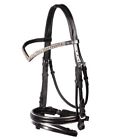HORSE DRESSAGE BRIDLE WITH WHITE V SHAPE CRYSTAL BROW BAND AND PATENT NOSE BAND