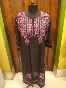 L 42" 43" CROCHET BUTTON HANDMADE KURTI CHIKAN EMBROIDERY 100% COTTON ETHNIC TOP - Picture 1 of 6