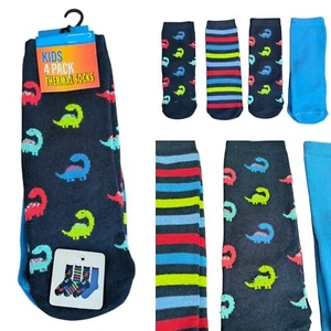 Kids Young Boys 4 Pack Size 6-8.5 Thermal Socks Blue Dinosaur Striped - Picture 1 of 5