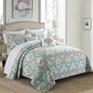 5-Piece Teal Aqua Floral Quilted Coverlet Set – Prewashed, Lightweight Bedspread - Picture 1 of 10