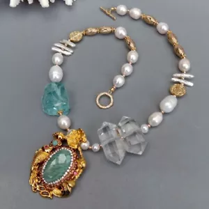 Collar de doble punta colgante de cuarzo perla blanco perla verde amazonita cz pavimentado - Imagen 1 de 5