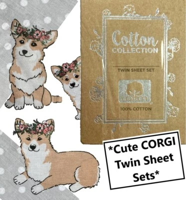Nuevo JUEGO DE SÁBANAS CORGI - ¡Talla Doble 100% Algodón! Flores de lunares grises y blancos Foto 1 de 4