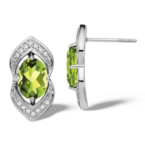14K Solid White Gold Peridot Diamond Dangle Earrings - Picture 1 of 6