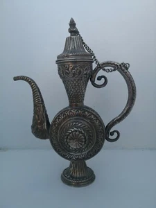 Vintage Arabic Style Pitcher white Brass Copper Etched Décor Pot Collectables - Picture 1 of 12