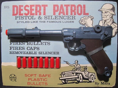 Marx Desert Patrol Pistol & Silencer Luger NOS on Card - Image 1 of 2