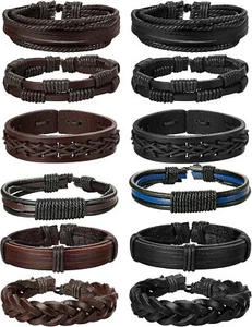 Men Women 12Pcs Braided Leather Bracelets Cuff Wrap Adjustable Black and Brown - Picture 1 of 5
