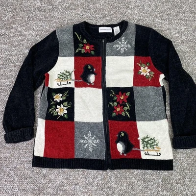 Alfred Dunner Sweater Womens Small Black Red Gray Cardigan Full Zip Penguin Xmas - Image 1 of 4